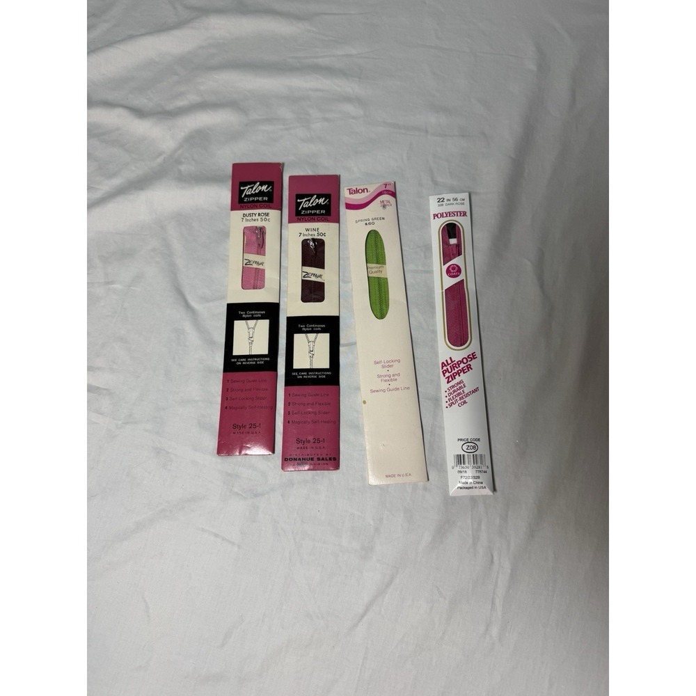 Lot Of 4 Vintage Talon Coats & Clark Zipper 7 In & 22 Inch Colorful Pink, Green